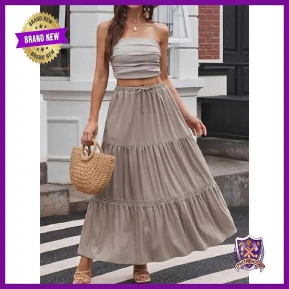 Boho Lace Trim Maxi Skirt with Pockets, Tiered Swing A-Line - Picture 3 of 7